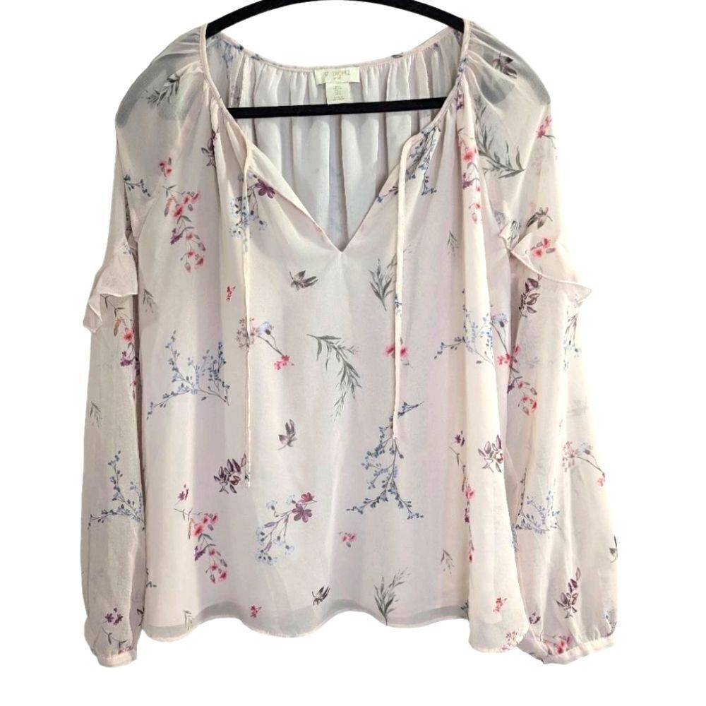 St. Tropez West blush pink botanical floral sheer ruffle long slv blouse top L